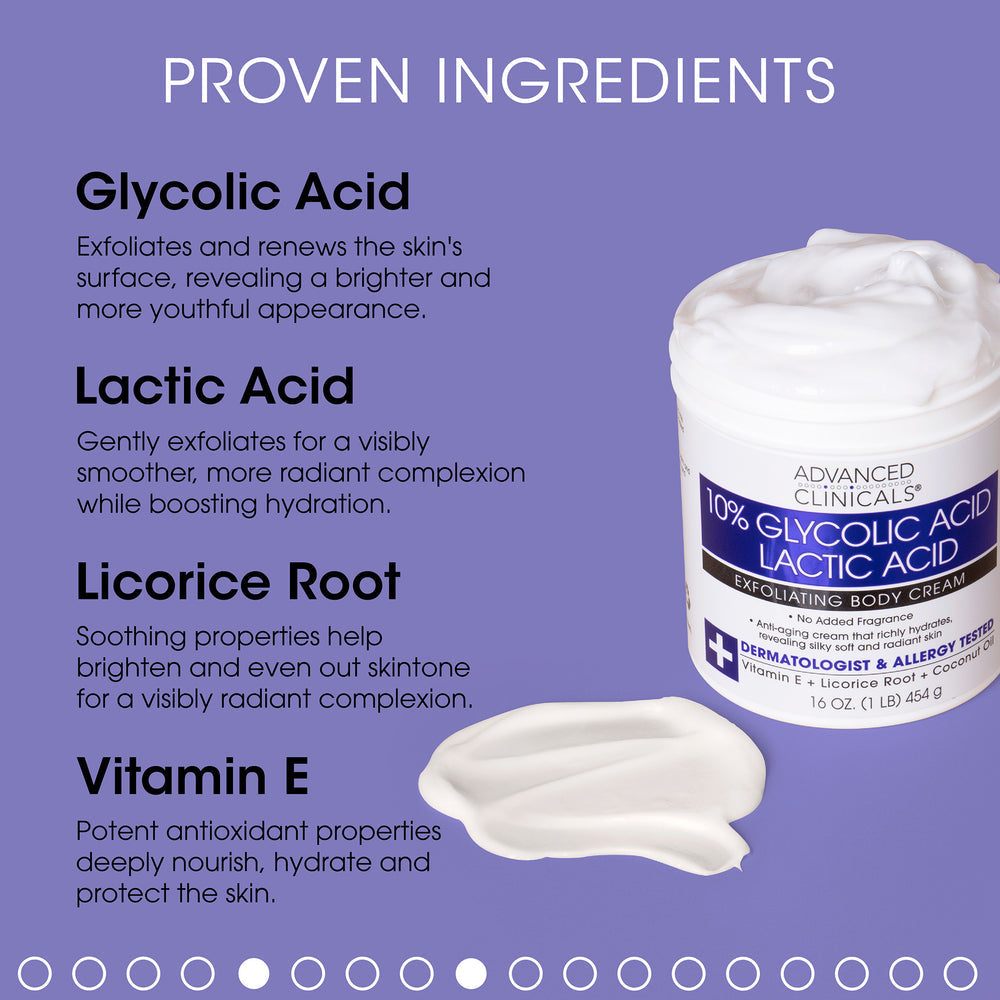 Advanced clinicals crème corporelle exfoliante 10% Acide glycolique + Acide Lactique